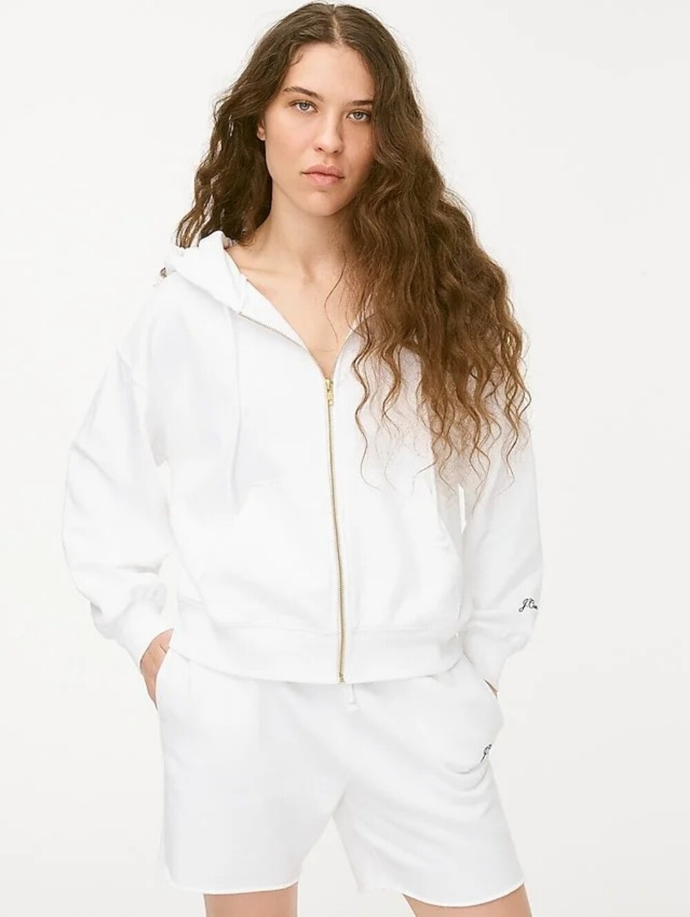 J. Crew White Zip-Up Hooded Sweatshirt with Gold Zipper And Logo Embroidery
